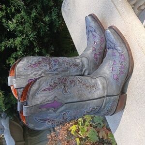 Lucchese Women's Gray Tool Embroidered Boots, Purple Leather Inlay Sz 9.5